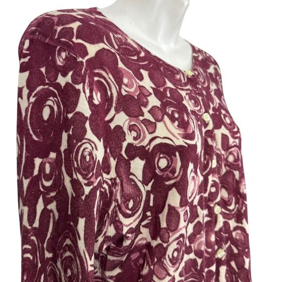 Garnet Hill Womens 100% Wool Floral Button Up Cardigan Thin Sweater Burgundy XL - Picture 4 of 16